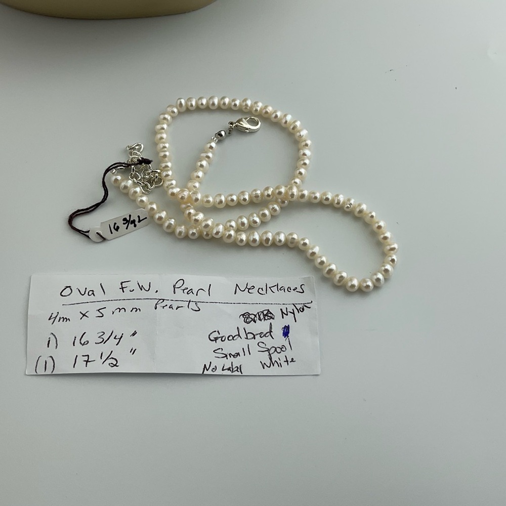 White Pearl Necklace, Oval Fresh Water Pearls, 16 3/4” Long, June Birthstone - Picture 7 of 11